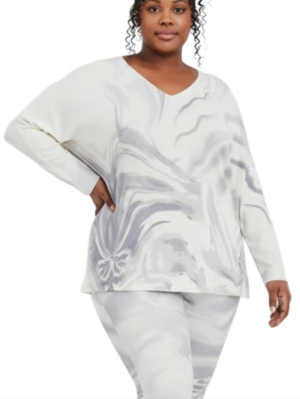 Sioni Womens 3X Marble Print V-Neck Knit Pullover Top White Grey Oversized NEW